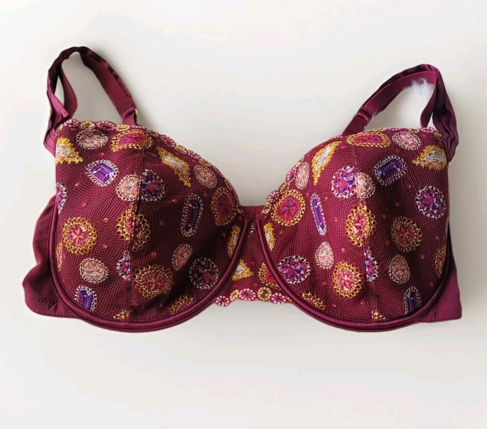 Adore Me Balconette Bra 38DDD NWT Burgundy Embroidered Gem Lace Underwire